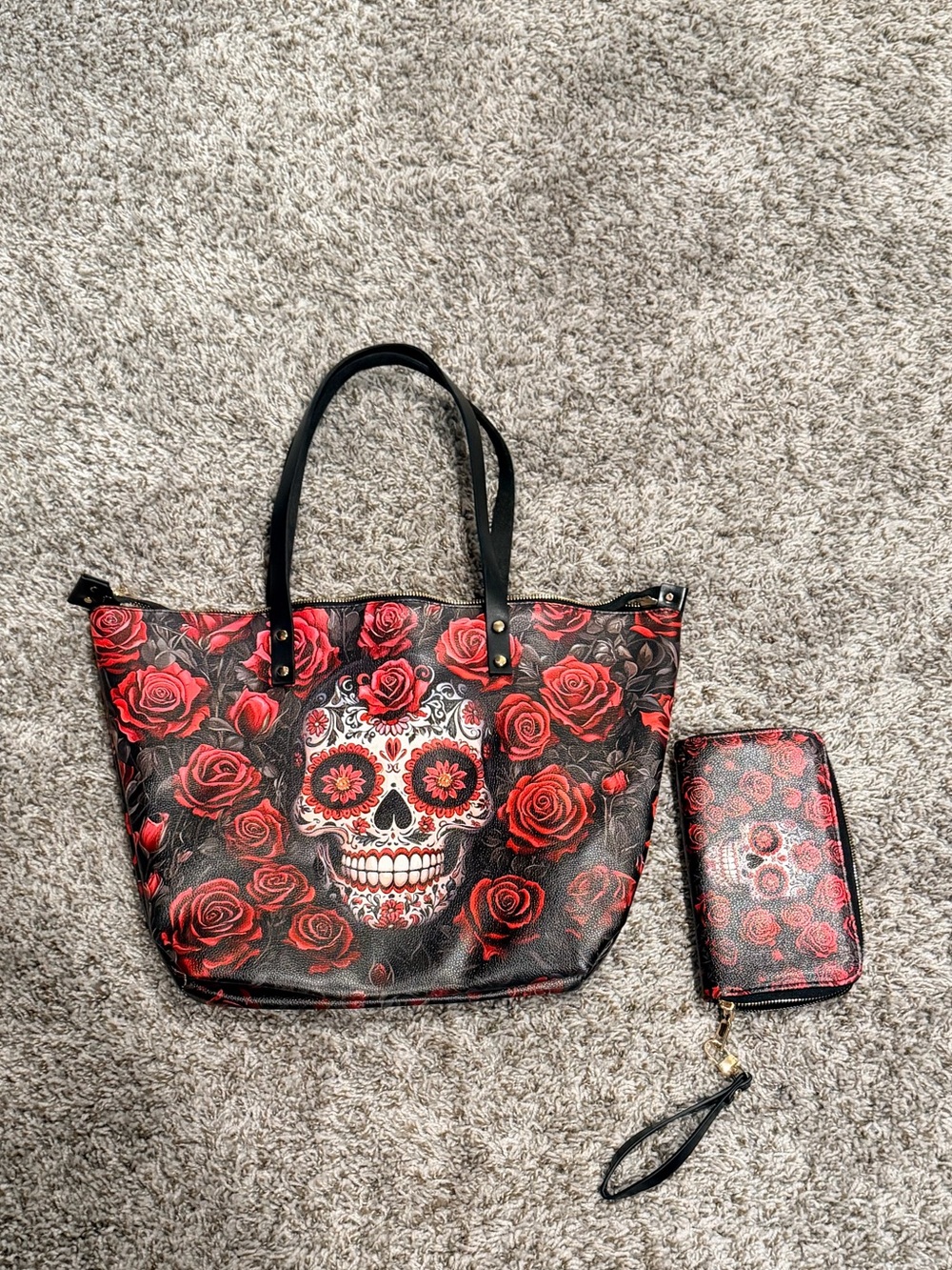Black & Red Sugar Skull Tote with Matching Wallet Brand New